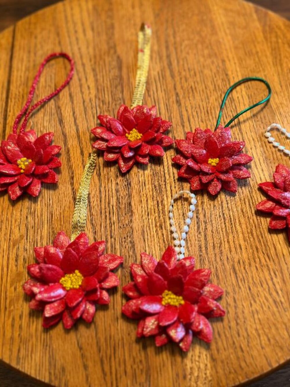 Hand Crafted Poinsettia Christmas Ornaments Lot of 6
